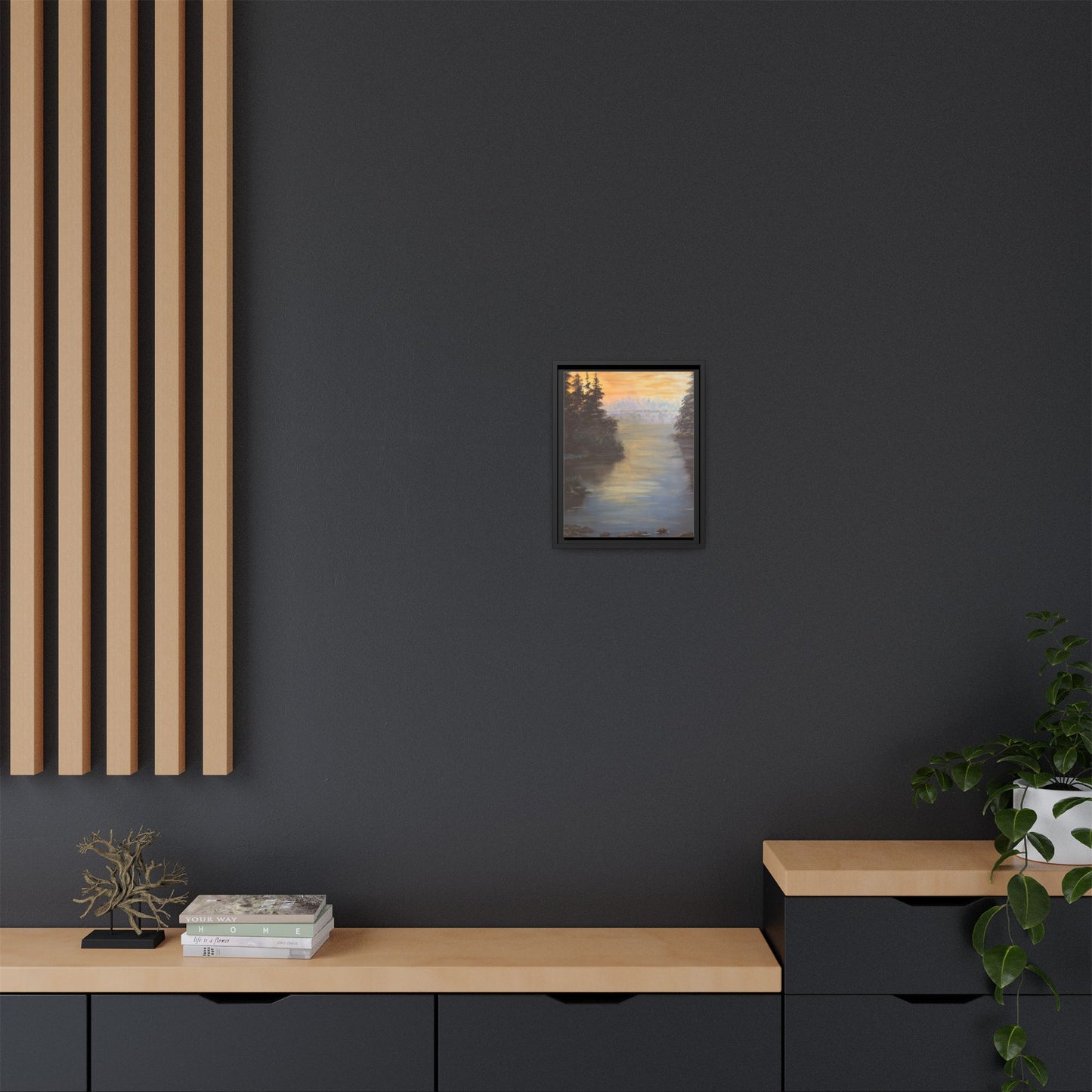 Peaceful Northwoods Lake Matte Canvas with Black or Espresso Frame. Available in sizes from 8” x 10”-24” x 32”