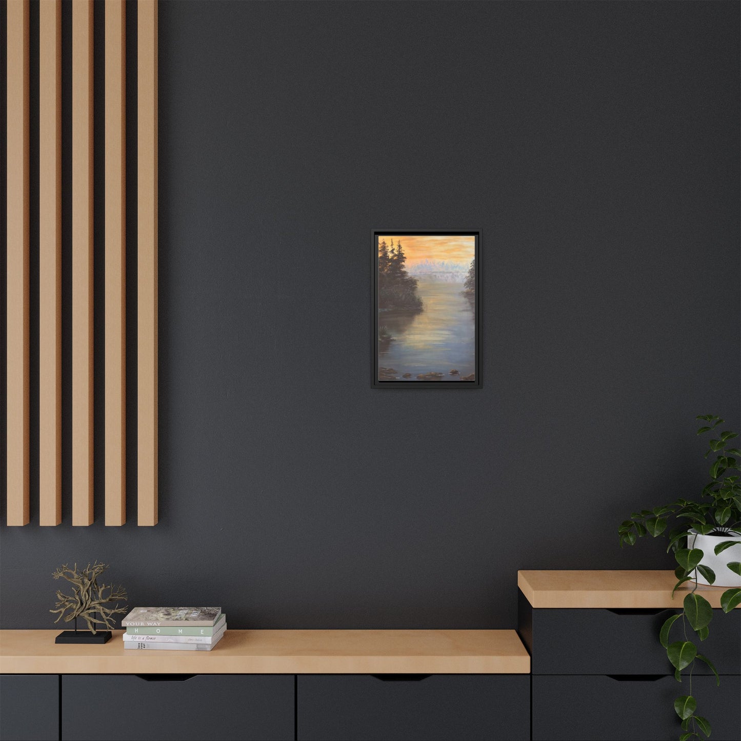 Peaceful Northwoods Lake Matte Canvas with Black or Espresso Frame. Available in sizes from 8” x 10”-24” x 32”