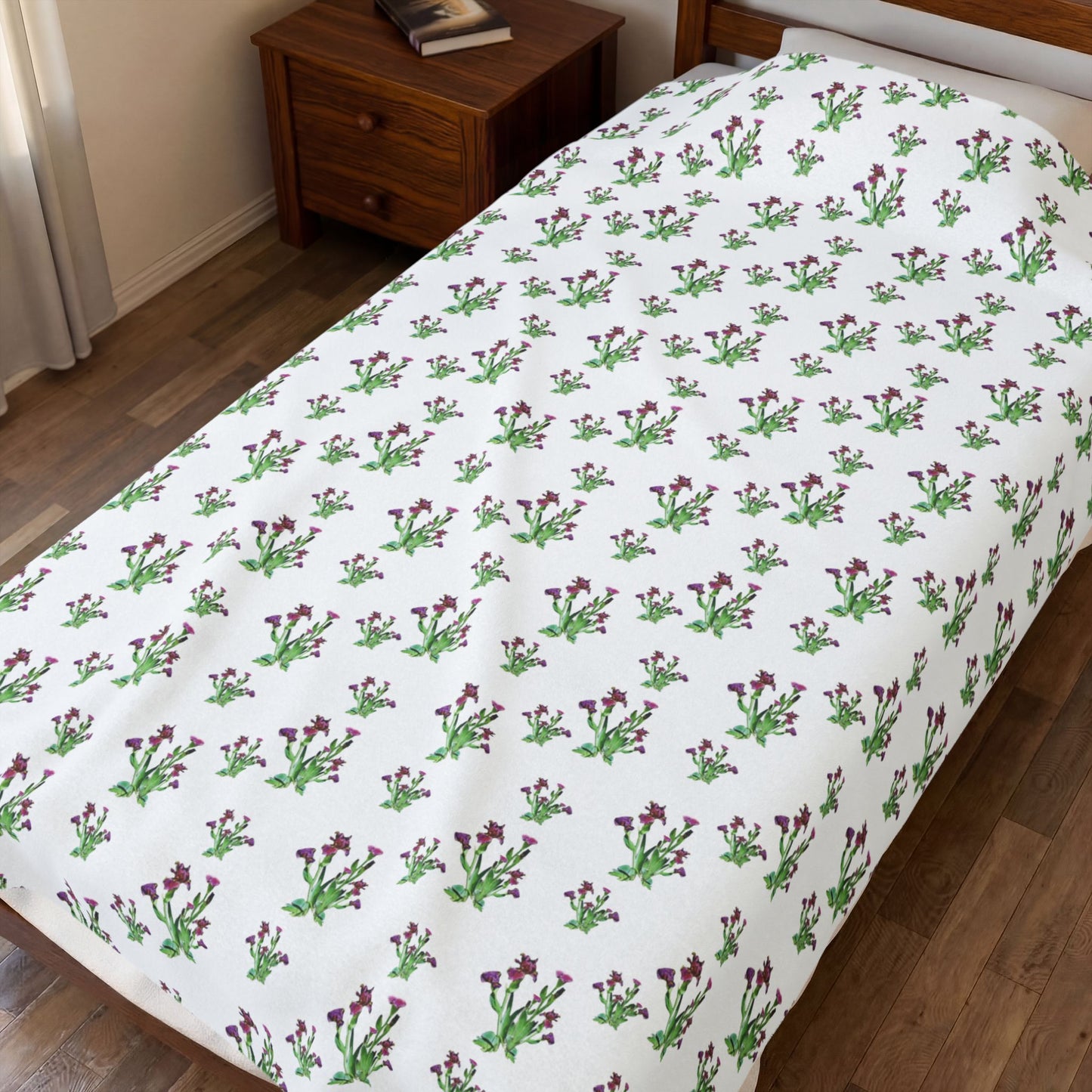 Velveteen Plush Blanket Featuring Purple Irises. Available in sizes from 30” x 40”-60” x 80”