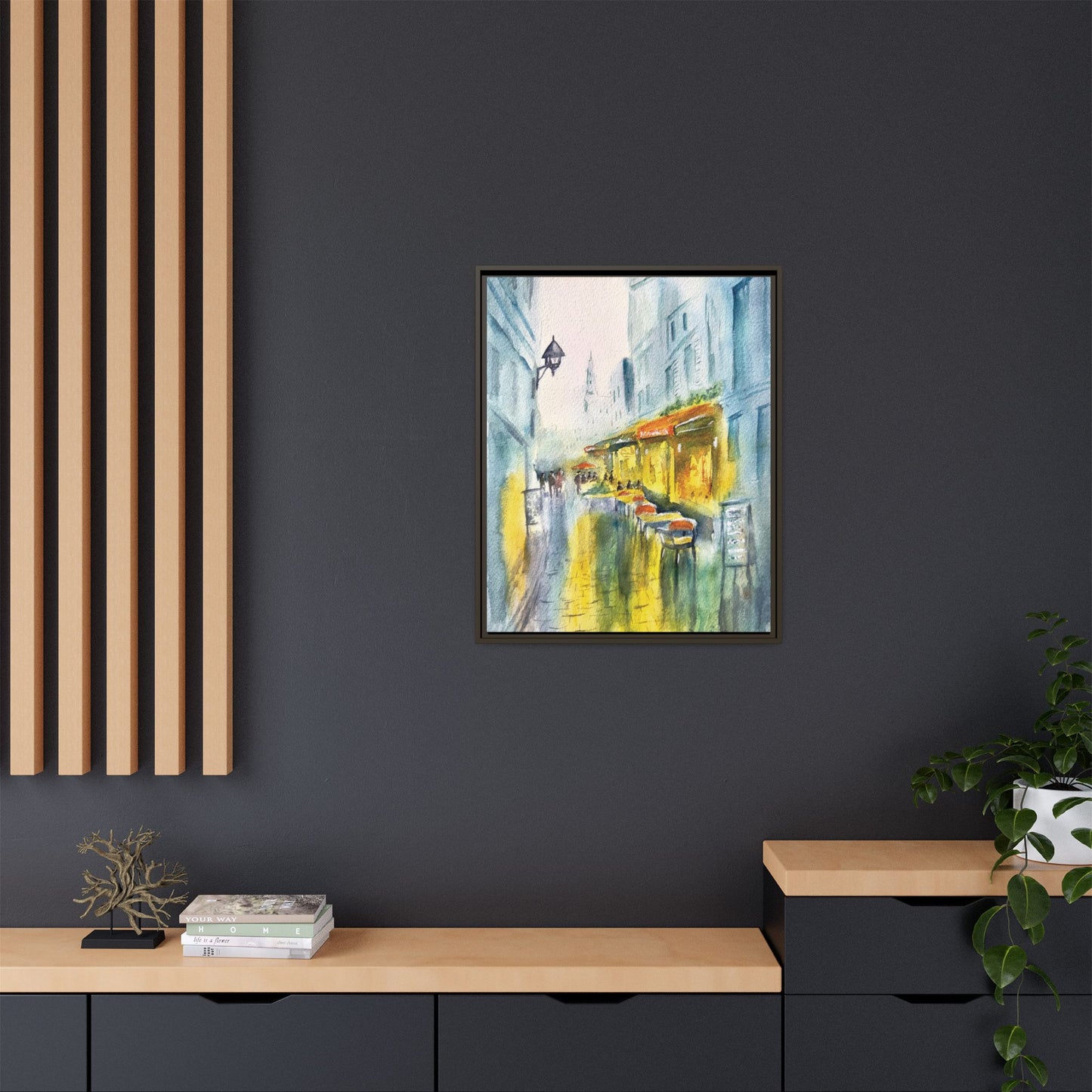 Cafe Reflections Matte Canvas, Framed (Black or Espresso). Available in sizes 8”x10”-24”x32”