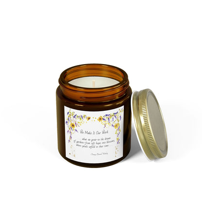 We Make It Our Work Scented Candles, Coconut Apricot Wax (4oz, 9oz), Featuring an Arbor of Sunflowers