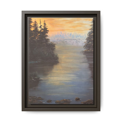 Peaceful Northwoods Lake Matte Canvas with Black or Espresso Frame. Available in sizes from 8” x 10”-24” x 32”