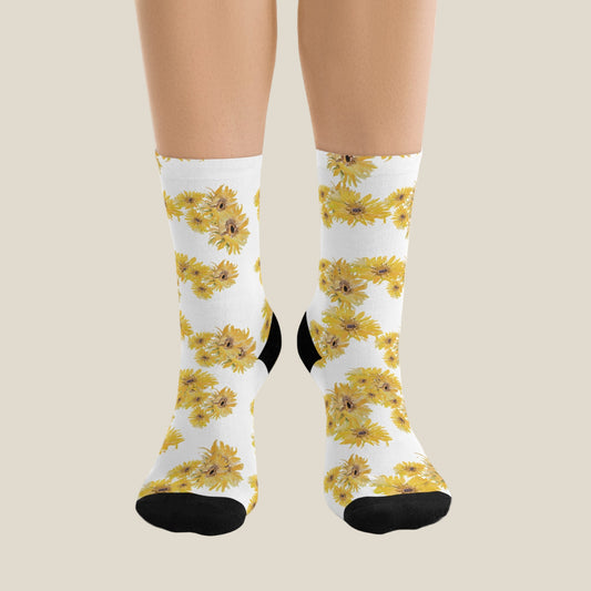 White socks with yellow floral pattern