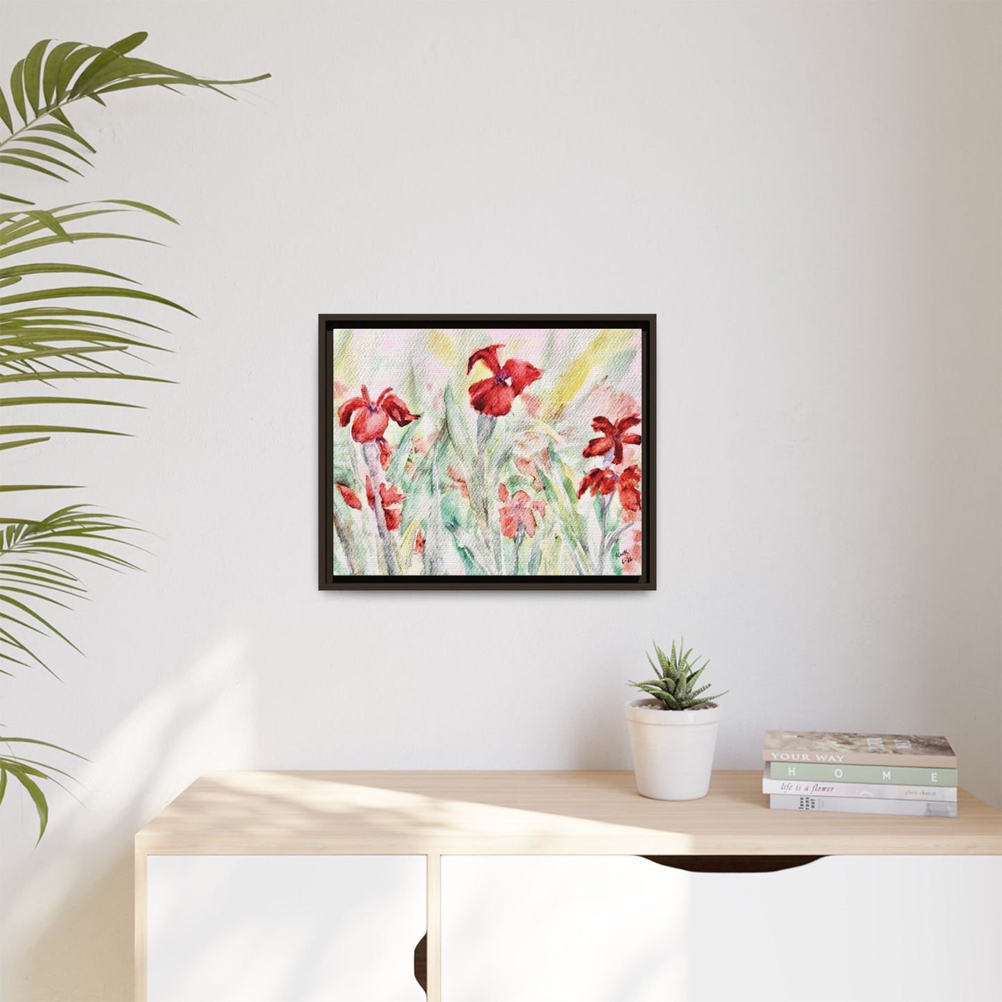 Abbeville Red Irises Matte Canvas, Framed (Black or Espresso). Available in sizes from 10”x8”-30”x24”