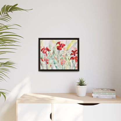 Abbeville Red Irises Matte Canvas, Framed (Black or Espresso). Available in sizes from 10”x8”-30”x24”