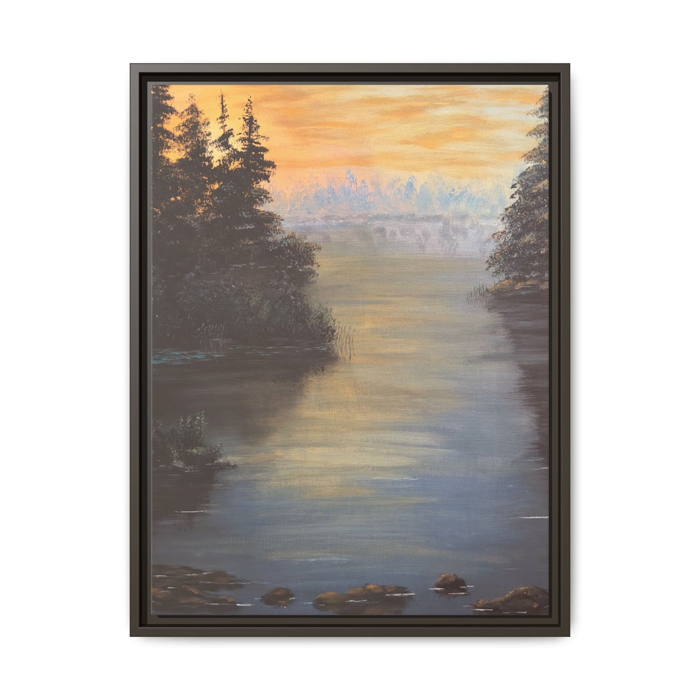 Peaceful Northwoods Lake Matte Canvas with Black or Espresso Frame. Available in sizes from 8” x 10”-24” x 32”