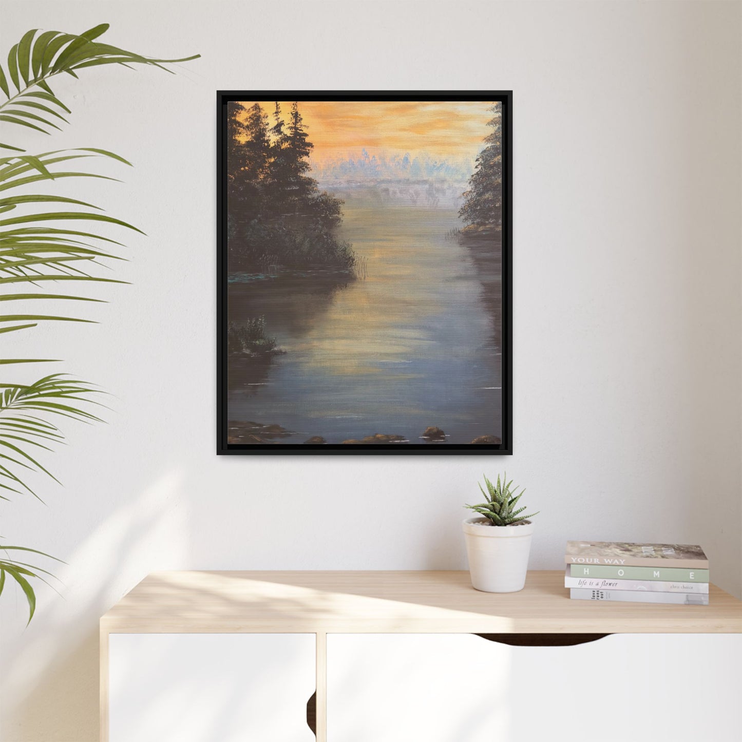 Peaceful Northwoods Lake Matte Canvas with Black or Espresso Frame. Available in sizes from 8” x 10”-24” x 32”