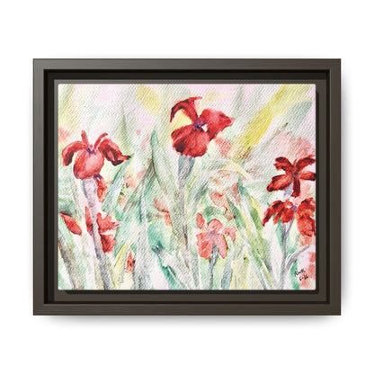 Abbeville Red Irises Matte Canvas, Framed (Black or Espresso). Available in sizes from 10”x8”-30”x24”