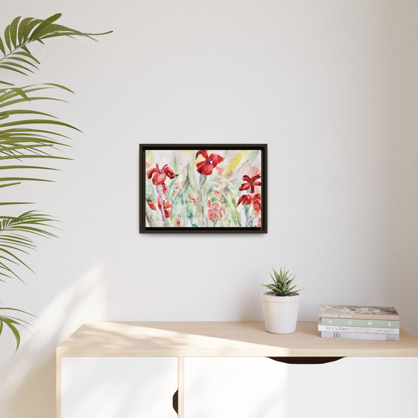 Abbeville Red Irises Matte Canvas, Framed (Black or Espresso). Available in sizes from 10”x8”-30”x24”