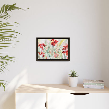 Abbeville Red Irises Matte Canvas, Framed (Black or Espresso). Available in sizes from 10”x8”-30”x24”