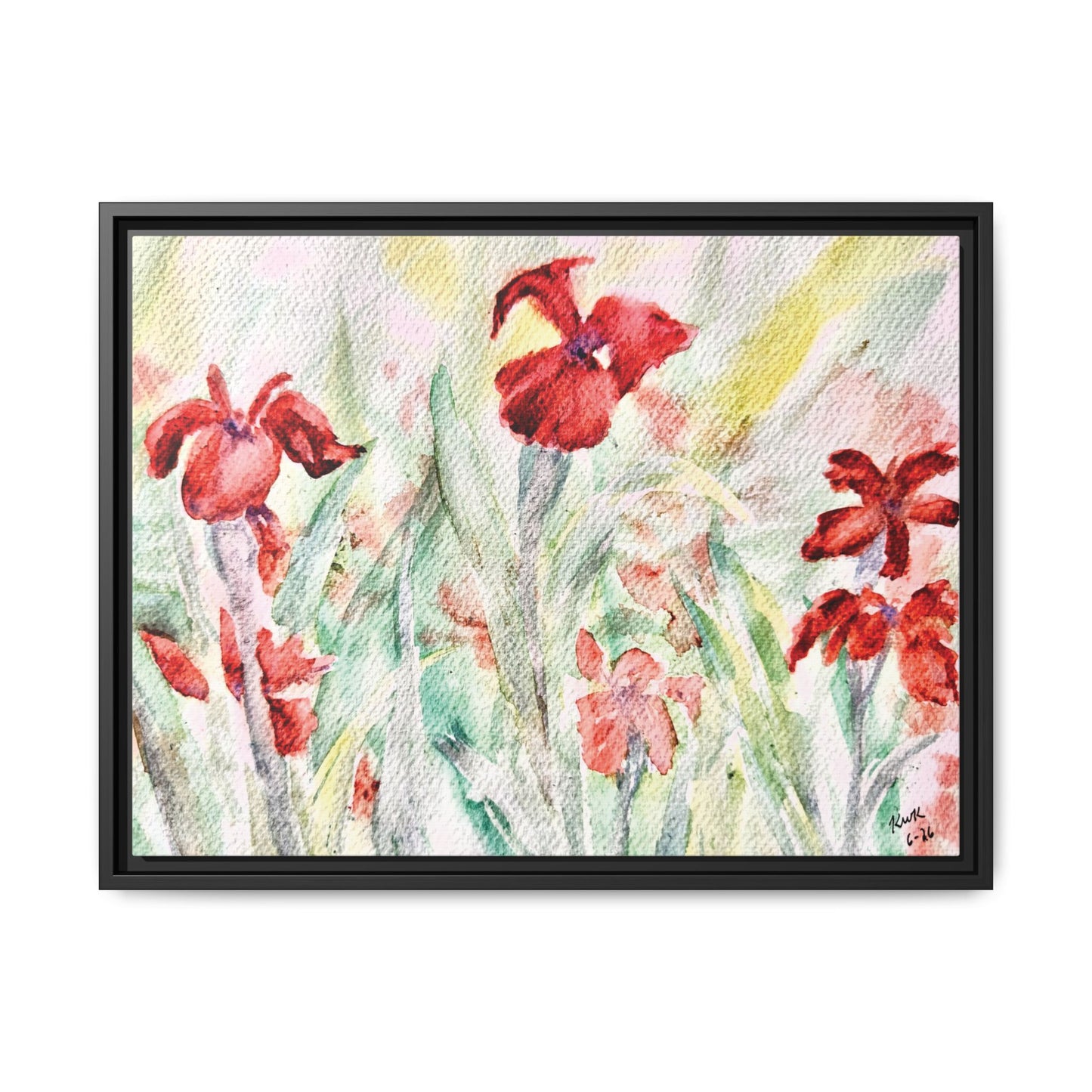 Abbeville Red Irises Matte Canvas, Framed (Black or Espresso). Available in sizes from 10”x8”-30”x24”