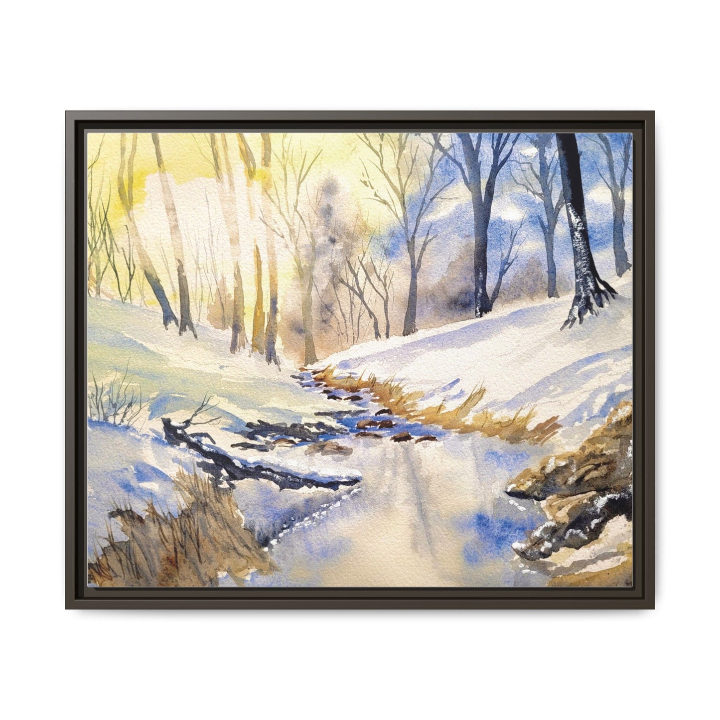 Snowy Creek Matte Canvas, Framed (Black or Espresso). Available in sizes from 10”x8”-32”x24”