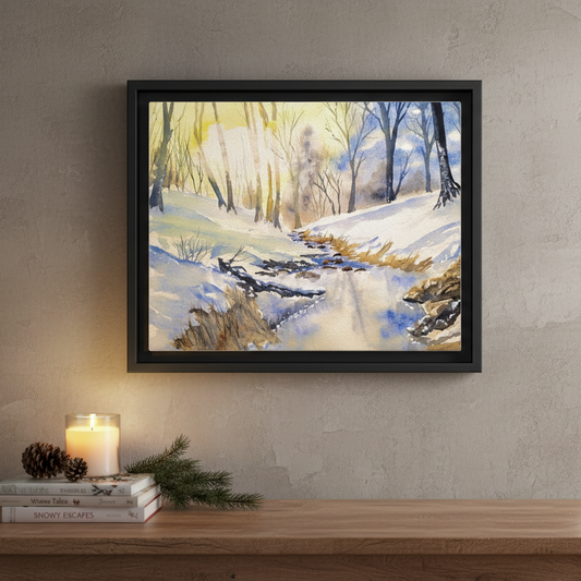 Snowy Creek Matte Canvas, Framed (Black or Espresso). Available in sizes from 10”x8”-32”x24”
