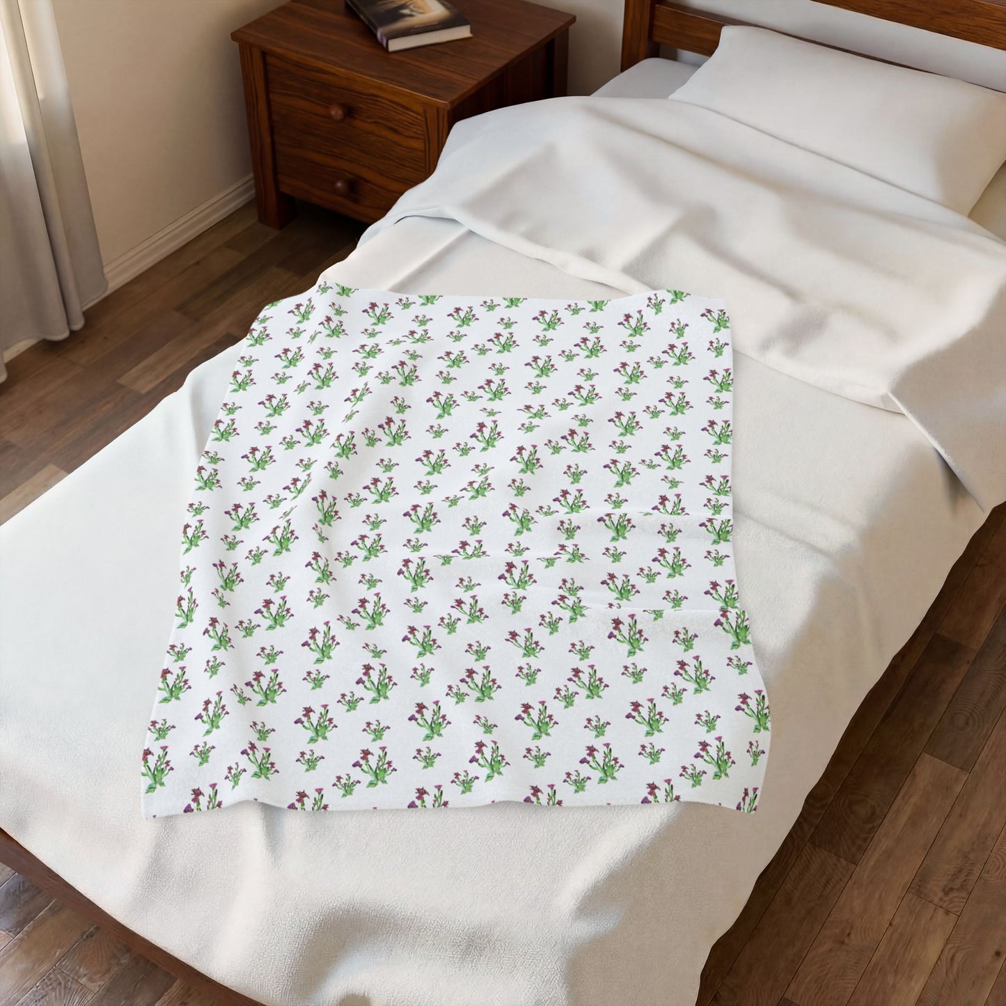 Velveteen Plush Blanket Featuring Purple Irises. Available in sizes from 30” x 40”-60” x 80”