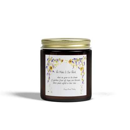 We Make It Our Work Scented Candles, Coconut Apricot Wax (4oz, 9oz), Featuring an Arbor of Sunflowers