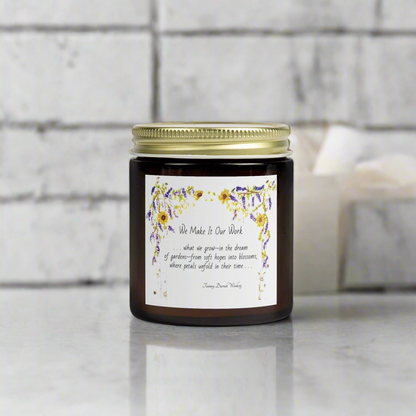 We Make It Our Work Scented Candles, Coconut Apricot Wax (4oz, 9oz), Featuring an Arbor of Sunflowers