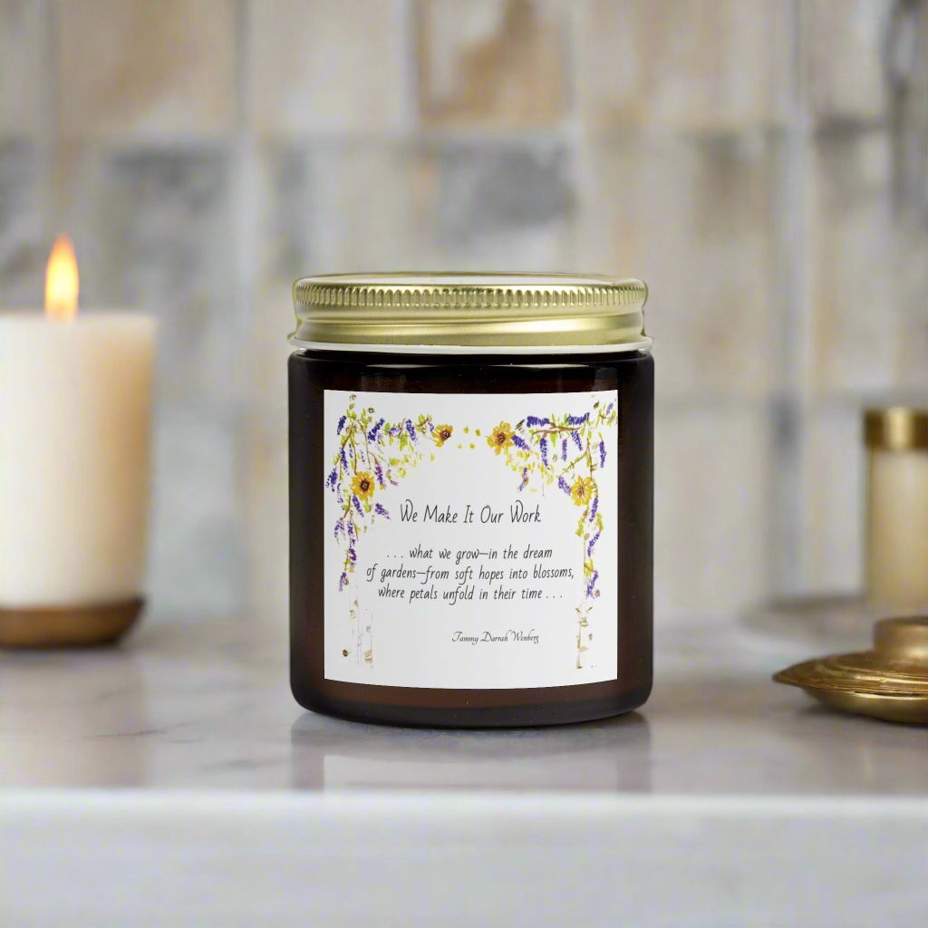 We Make It Our Work Scented Candles, Coconut Apricot Wax (4oz, 9oz), Featuring an Arbor of Sunflowers