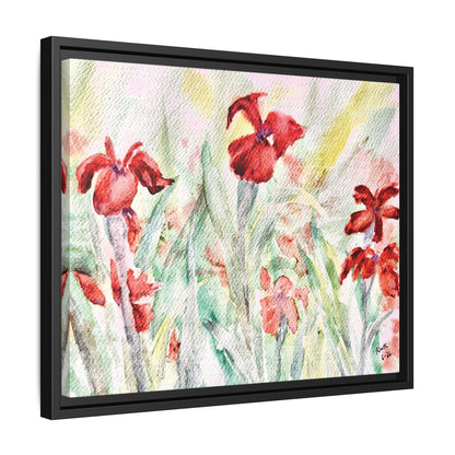 Abbeville Red Irises Matte Canvas, Framed (Black or Espresso). Available in sizes from 10”x8”-30”x24”