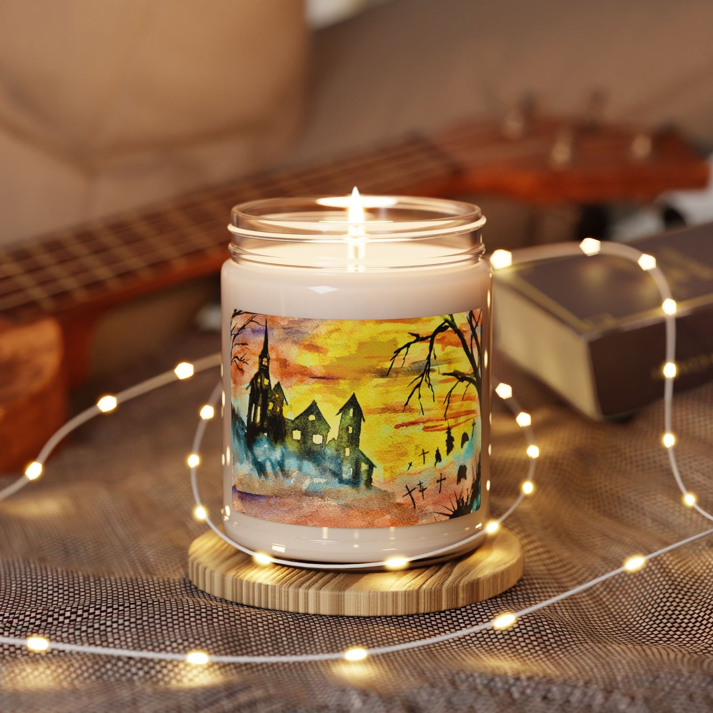 Eco-Friendly Soy Candle (9 oz.), Featuring Vibrant Halloween House and Graveyard Art. Multiple Scents Available.