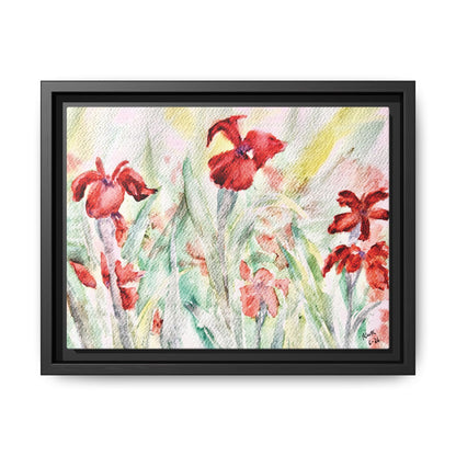 Abbeville Red Irises Matte Canvas, Framed (Black or Espresso). Available in sizes from 10”x8”-30”x24”
