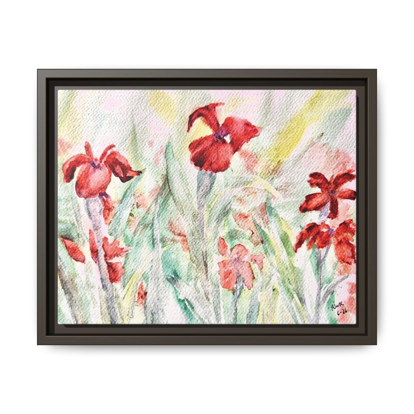 Abbeville Red Irises Matte Canvas, Framed (Black or Espresso). Available in sizes from 10”x8”-30”x24”