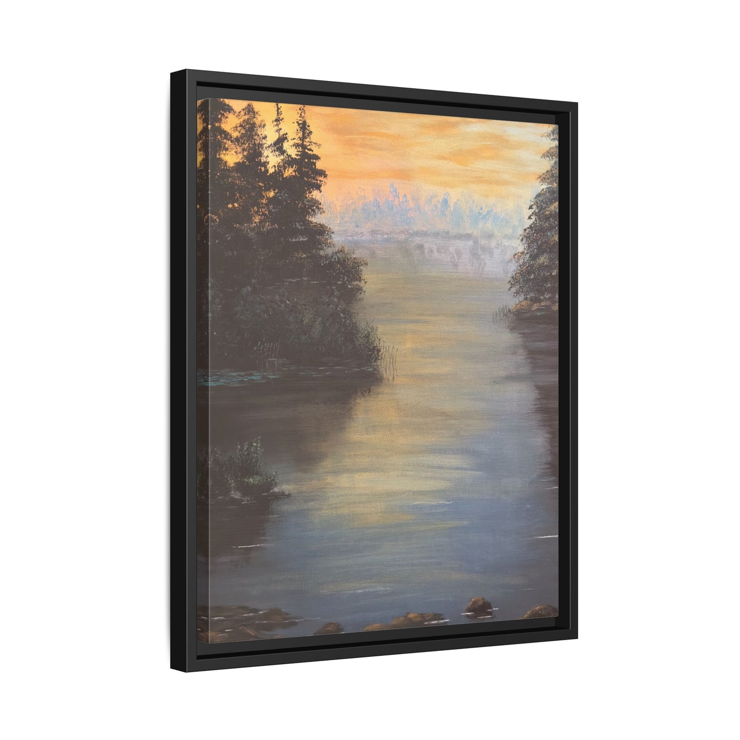 Peaceful Northwoods Lake Matte Canvas with Black or Espresso Frame. Available in sizes from 8” x 10”-24” x 32”