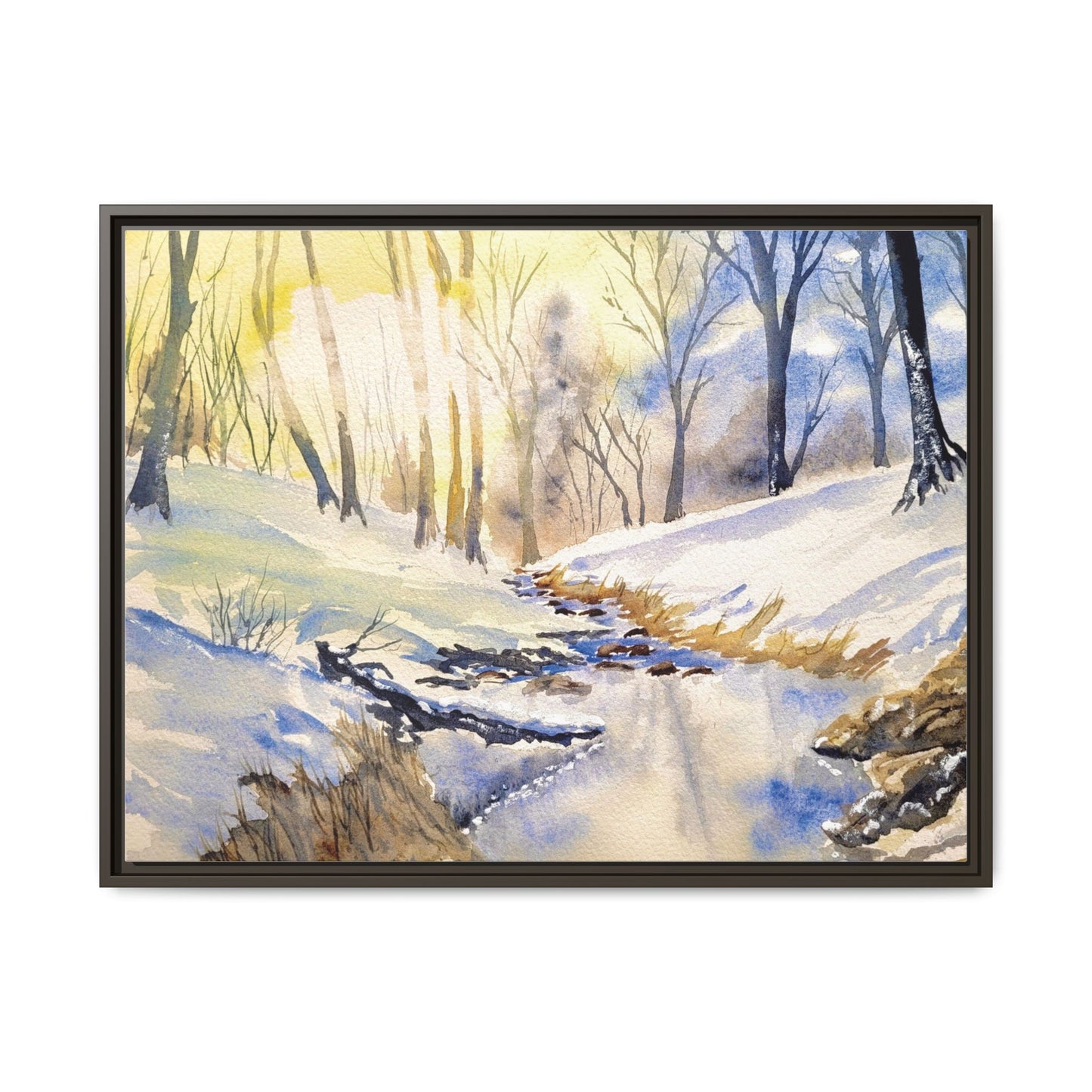 Snowy Creek Matte Canvas, Framed (Black or Espresso). Available in sizes from 10”x8”-32”x24”