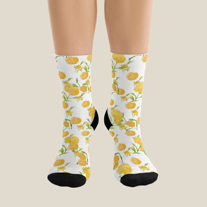 White socks with yellow floral pattern