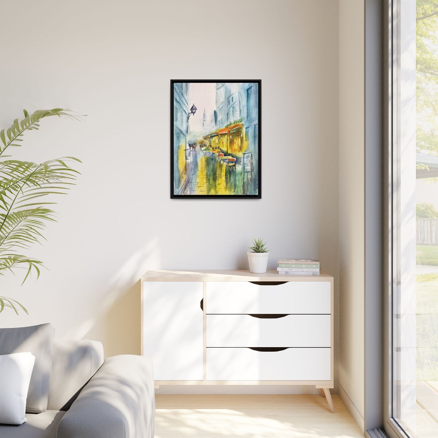 Cafe Reflections Matte Canvas, Framed (Black or Espresso). Available in sizes 8”x10”-24”x32”