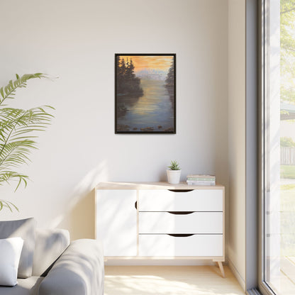 Peaceful Northwoods Lake Matte Canvas with Black or Espresso Frame. Available in sizes from 8” x 10”-24” x 32”