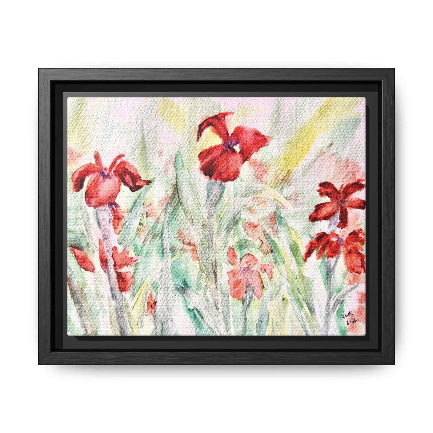 Abbeville Red Irises Matte Canvas, Framed (Black or Espresso). Available in sizes from 10”x8”-30”x24”