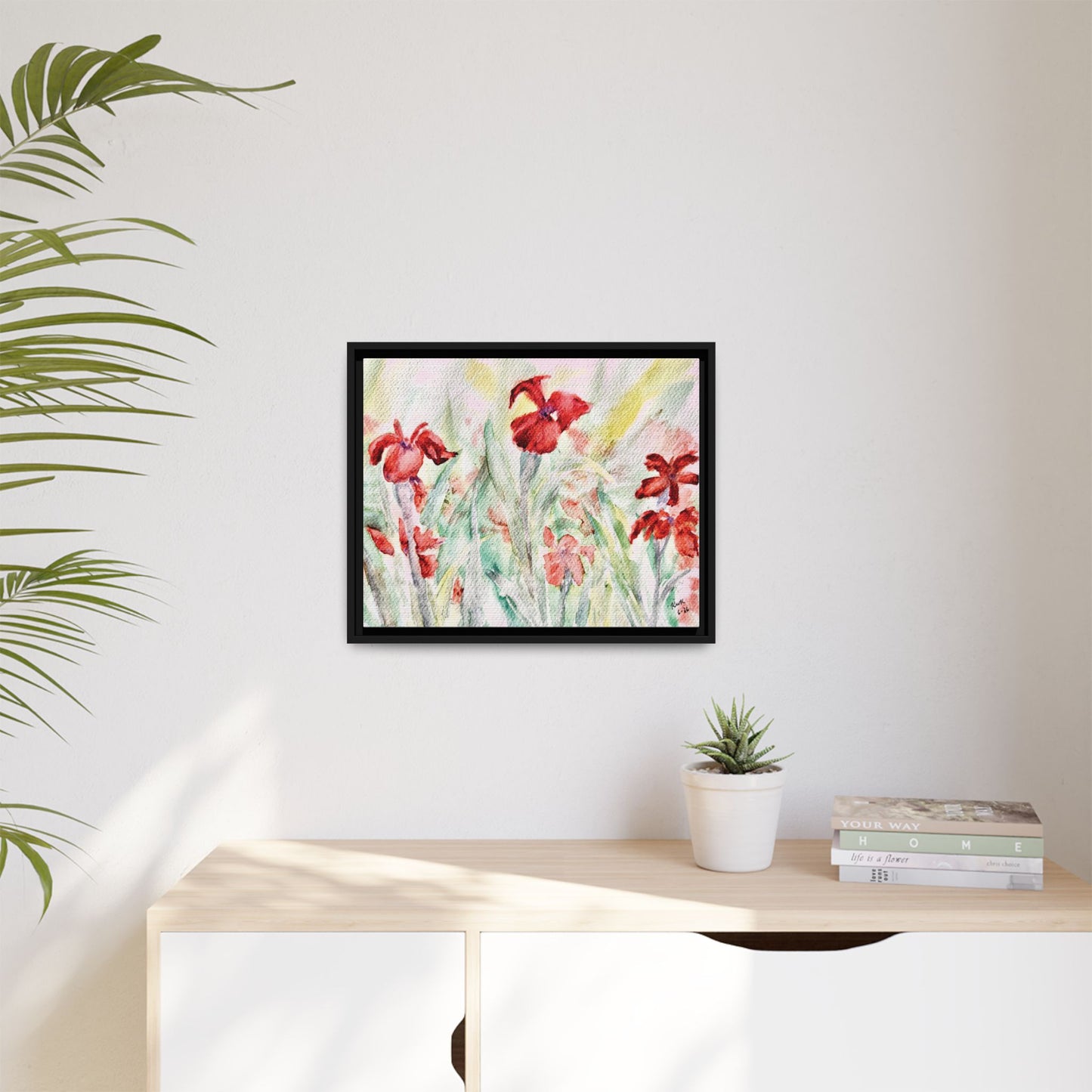 Abbeville Red Irises Matte Canvas, Framed (Black or Espresso). Available in sizes from 10”x8”-30”x24”