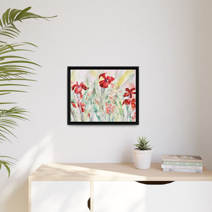 Abbeville Red Irises Matte Canvas, Framed (Black or Espresso). Available in sizes from 10”x8”-30”x24”