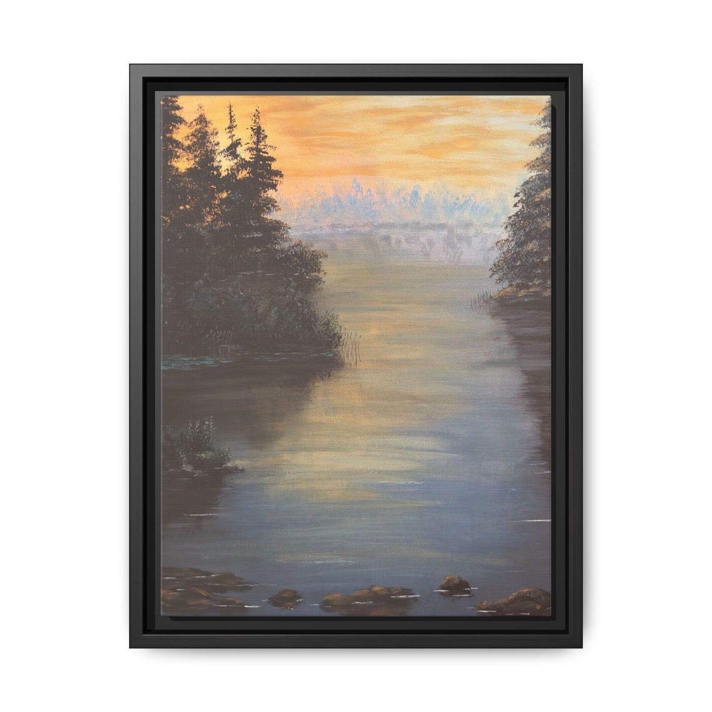 Peaceful Northwoods Lake Matte Canvas with Black or Espresso Frame. Available in sizes from 8” x 10”-24” x 32”