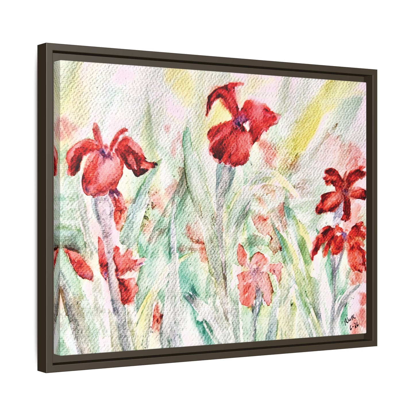 Abbeville Red Irises Matte Canvas, Framed (Black or Espresso). Available in sizes from 10”x8”-30”x24”
