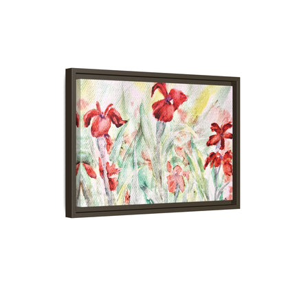 Abbeville Red Irises Matte Canvas, Framed (Black or Espresso). Available in sizes from 10”x8”-30”x24”