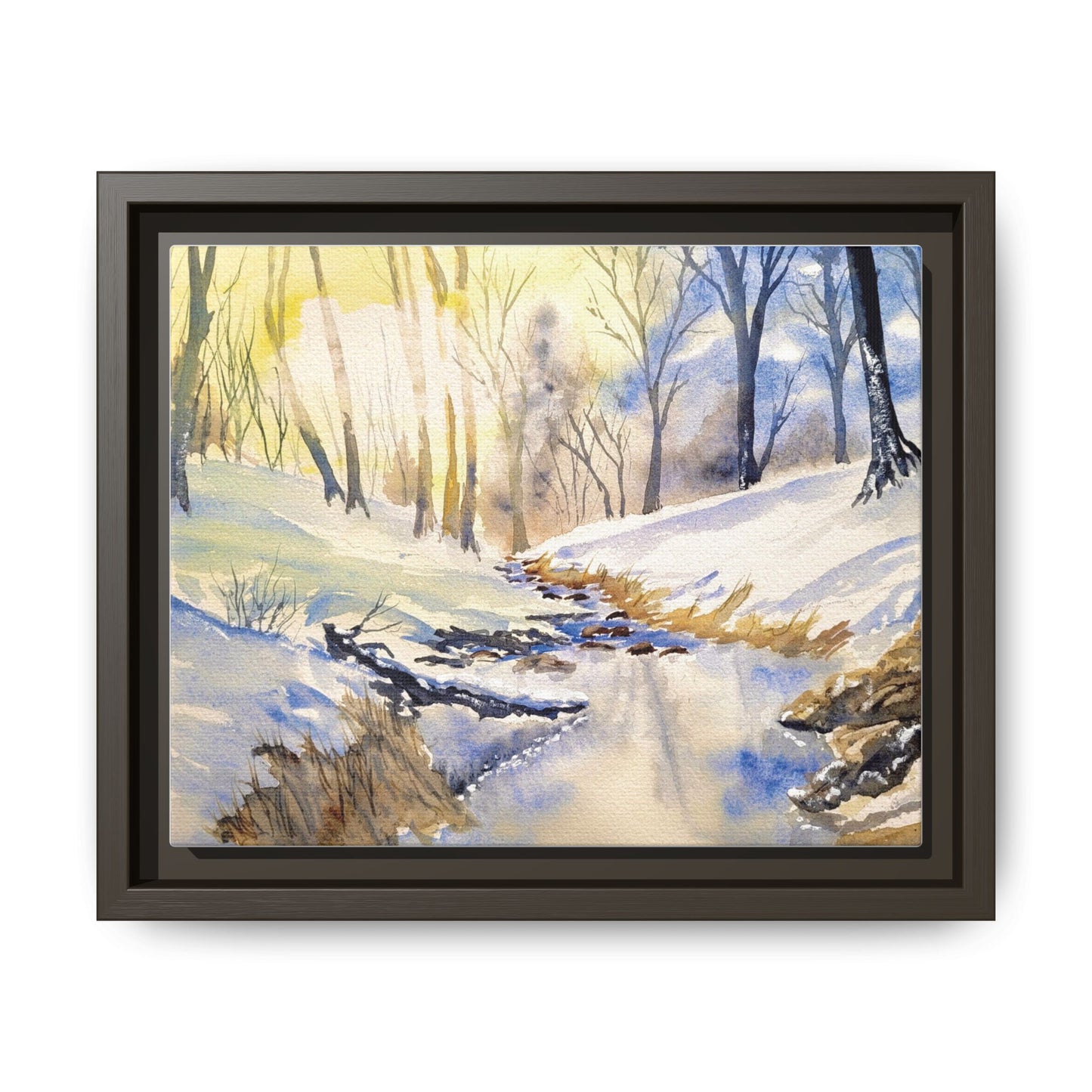 Snowy Creek Matte Canvas, Framed (Black or Espresso). Available in sizes from 10”x8”-32”x24”