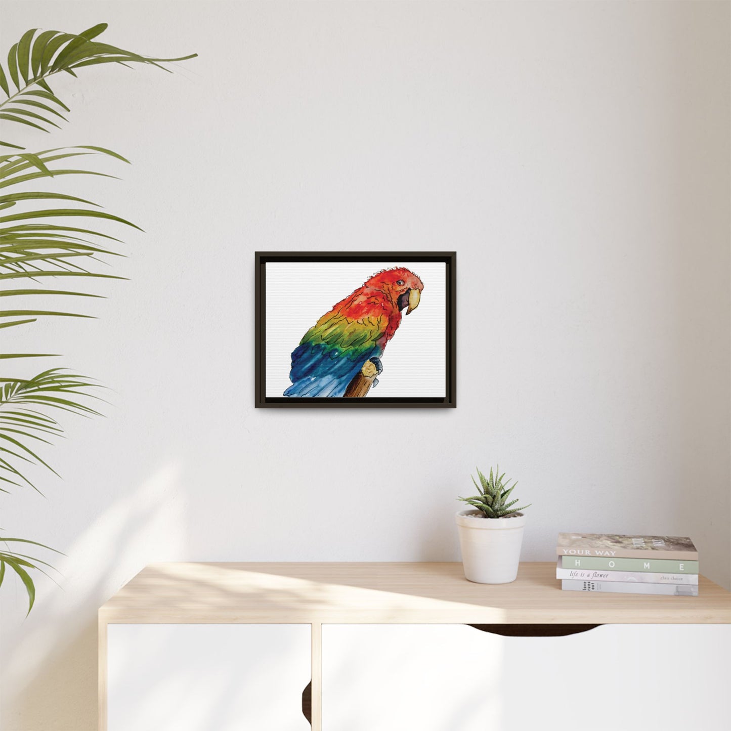 Scarlet Macaw Matte Canvas, Framed (Black or Espresso). Available in sizes from 10”x8”-16”x12”