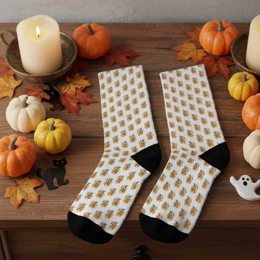 Fall Themed Recycled Poly Socks Featuring Cute Pumpkin Face Design
