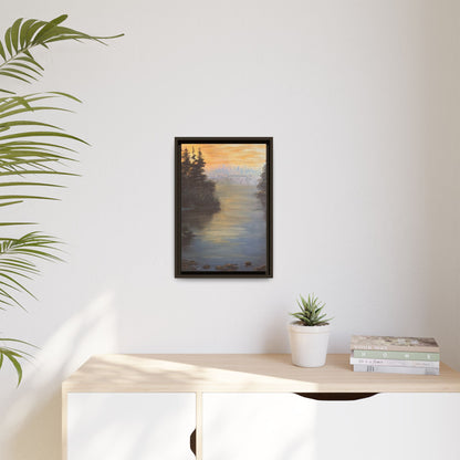 Peaceful Northwoods Lake Matte Canvas with Black or Espresso Frame. Available in sizes from 8” x 10”-24” x 32”