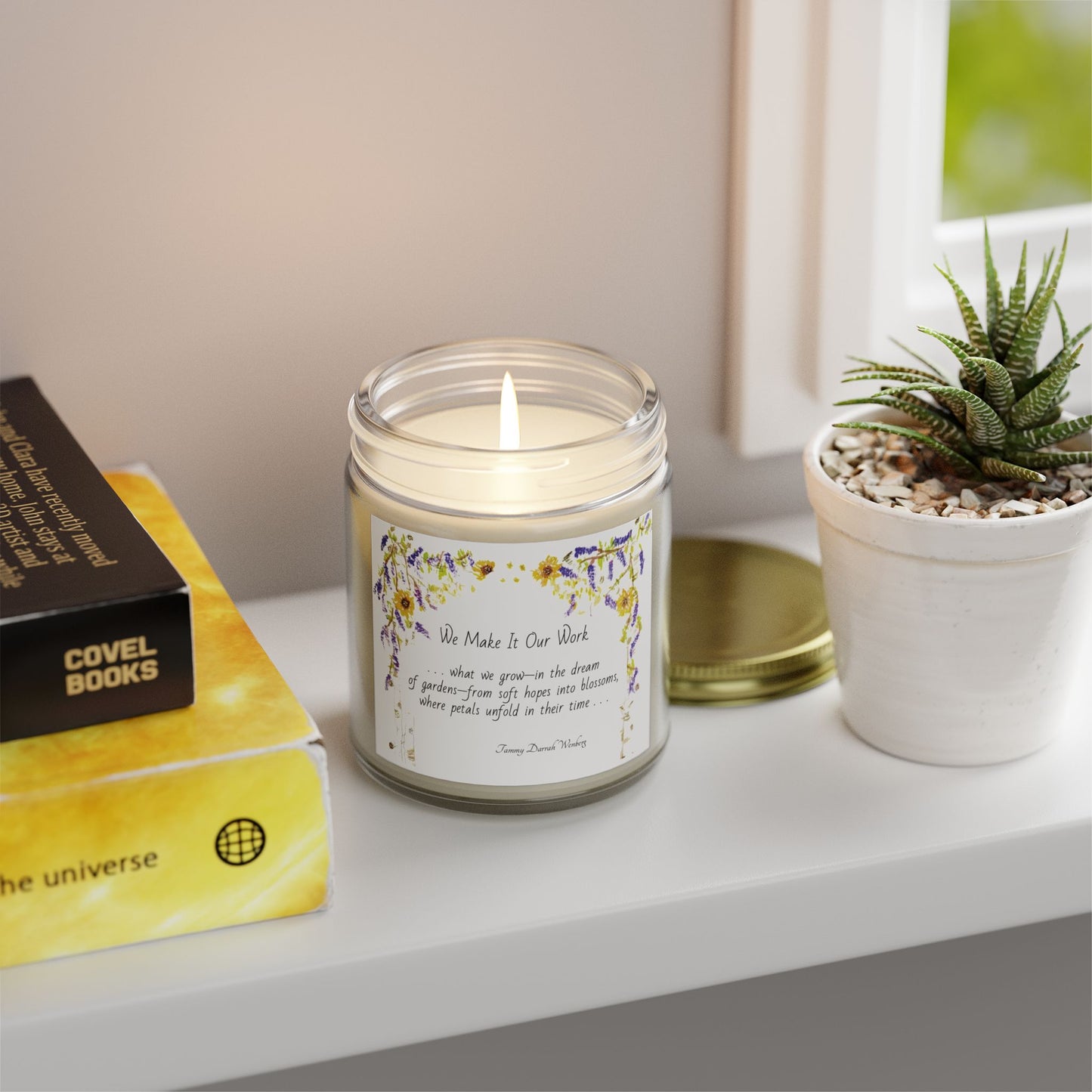 We Make It Our Work Scented Candles, Coconut Apricot Wax (4oz, 9oz), Featuring an Arbor of Sunflowers