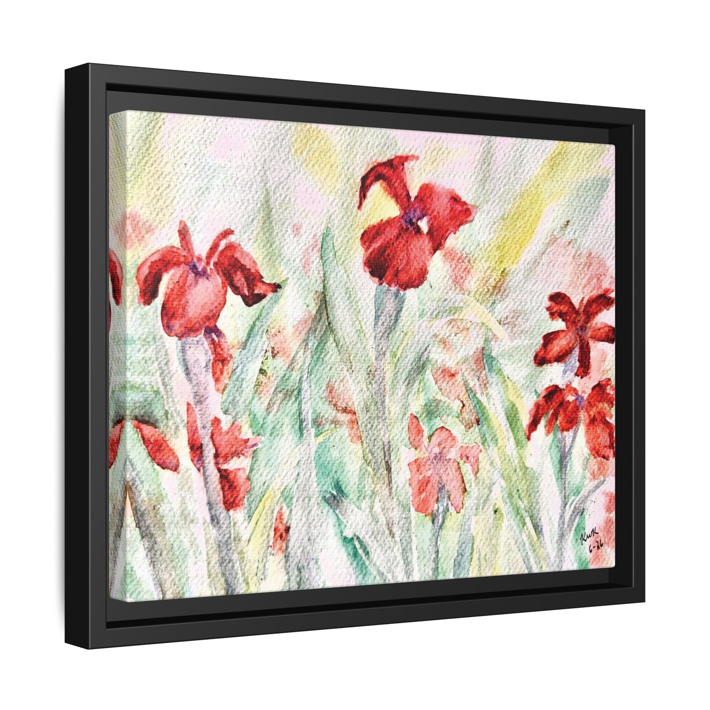 Abbeville Red Irises Matte Canvas, Framed (Black or Espresso). Available in sizes from 10”x8”-30”x24”