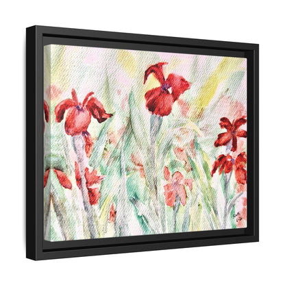 Abbeville Red Irises Matte Canvas, Framed (Black or Espresso). Available in sizes from 10”x8”-30”x24”