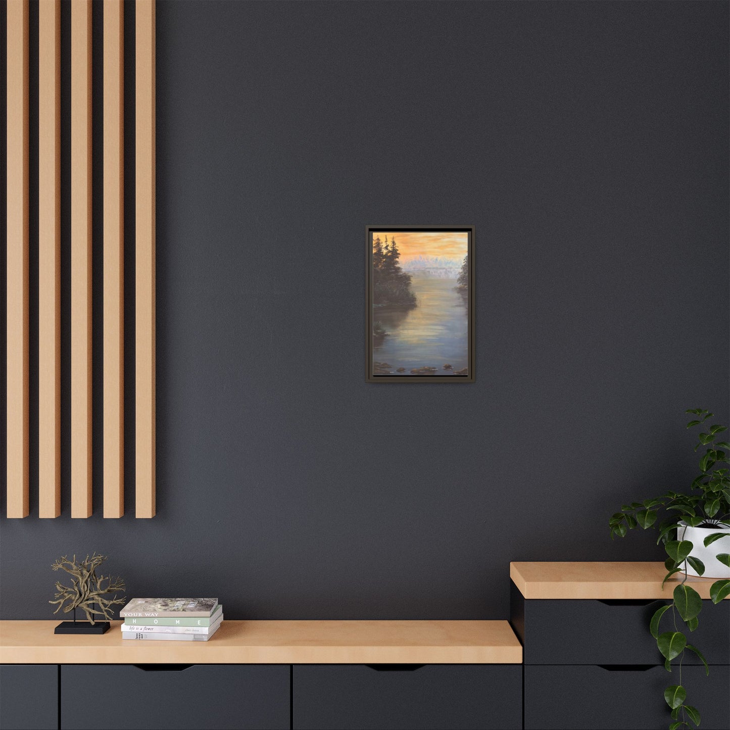 Peaceful Northwoods Lake Matte Canvas with Black or Espresso Frame. Available in sizes from 8” x 10”-24” x 32”