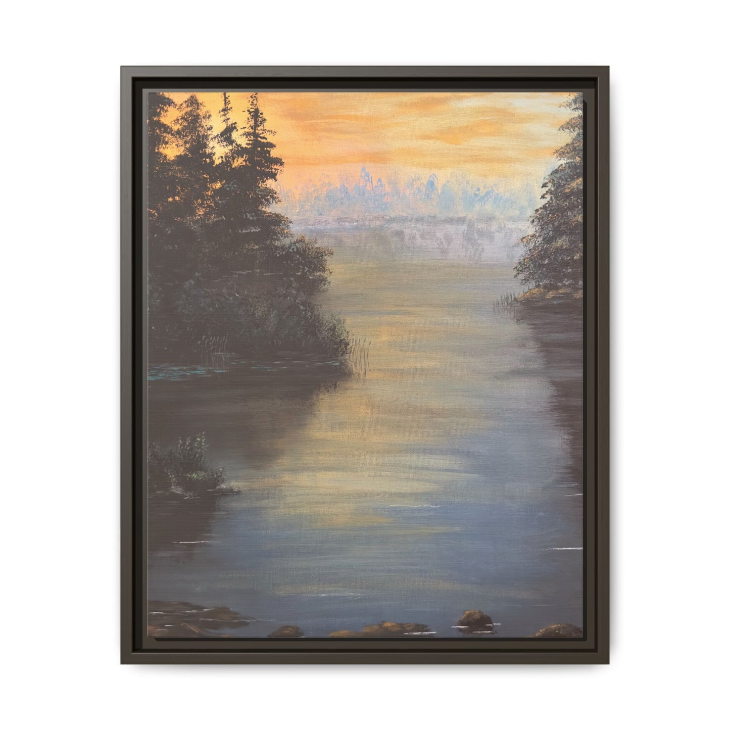 Peaceful Northwoods Lake Matte Canvas with Black or Espresso Frame. Available in sizes from 8” x 10”-24” x 32”