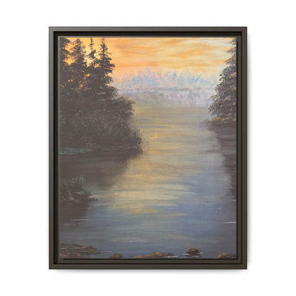 Peaceful Northwoods Lake Matte Canvas with Black or Espresso Frame. Available in sizes from 8” x 10”-24” x 32”