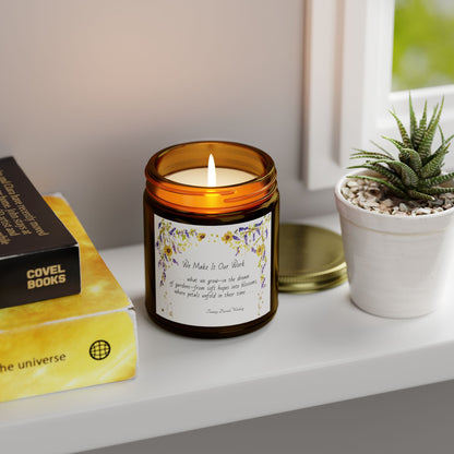 We Make It Our Work Scented Candles, Coconut Apricot Wax (4oz, 9oz), Featuring an Arbor of Sunflowers