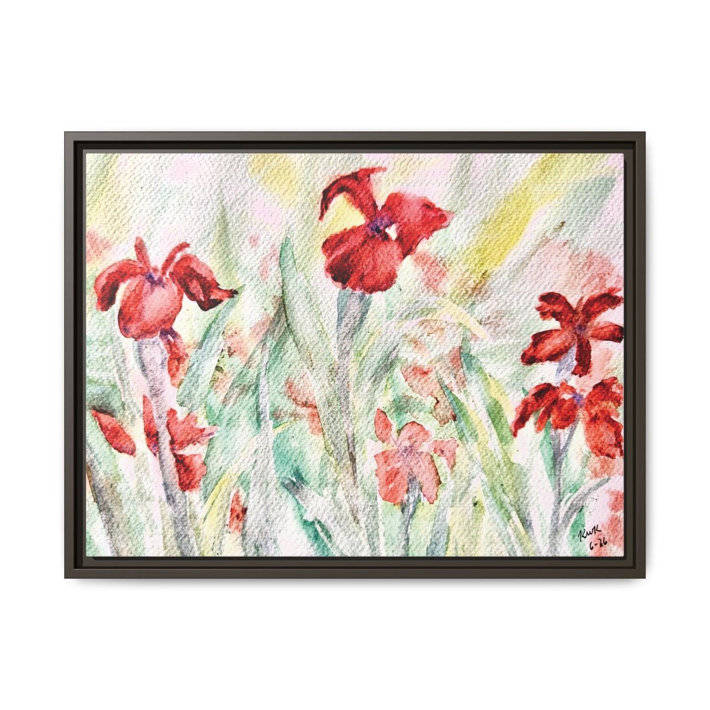 Abbeville Red Irises Matte Canvas, Framed (Black or Espresso). Available in sizes from 10”x8”-30”x24”