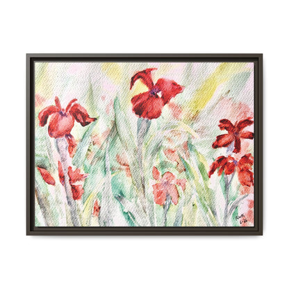 Abbeville Red Irises Matte Canvas, Framed (Black or Espresso). Available in sizes from 10”x8”-30”x24”