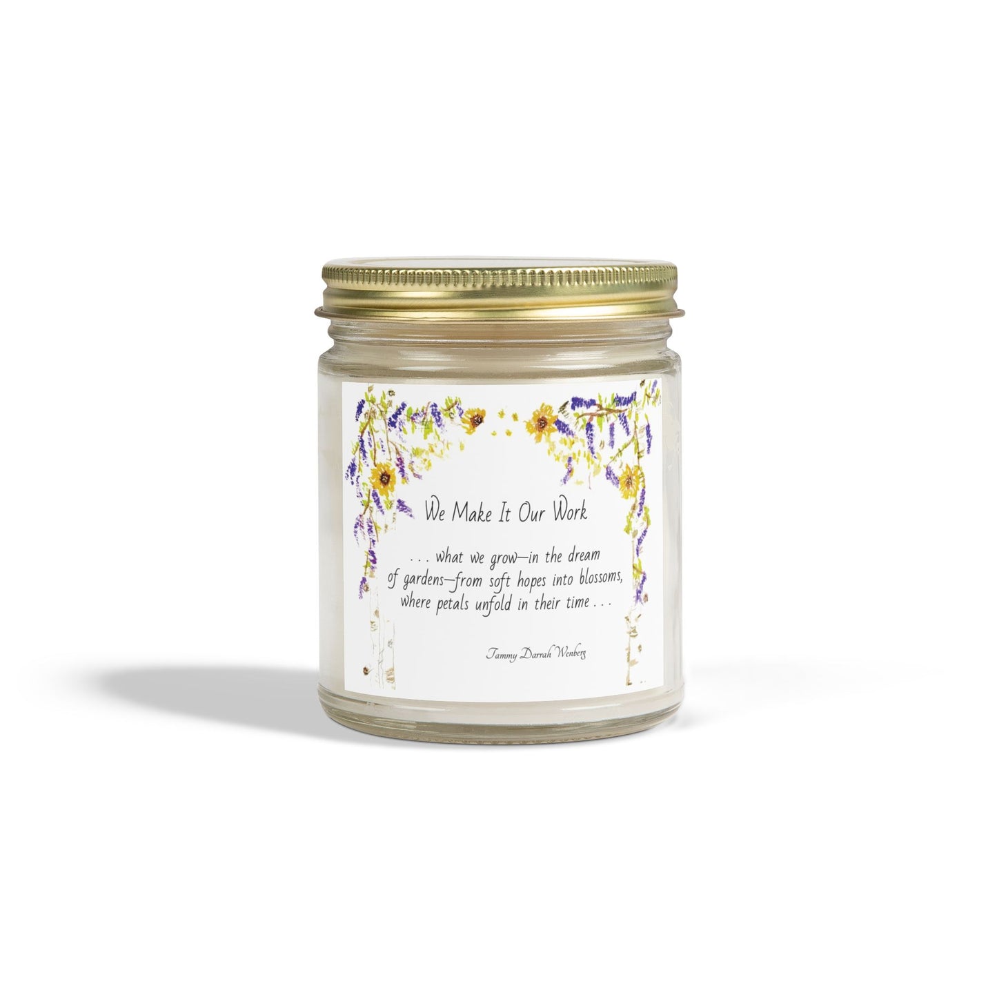 We Make It Our Work Scented Candles, Coconut Apricot Wax (4oz, 9oz), Featuring an Arbor of Sunflowers